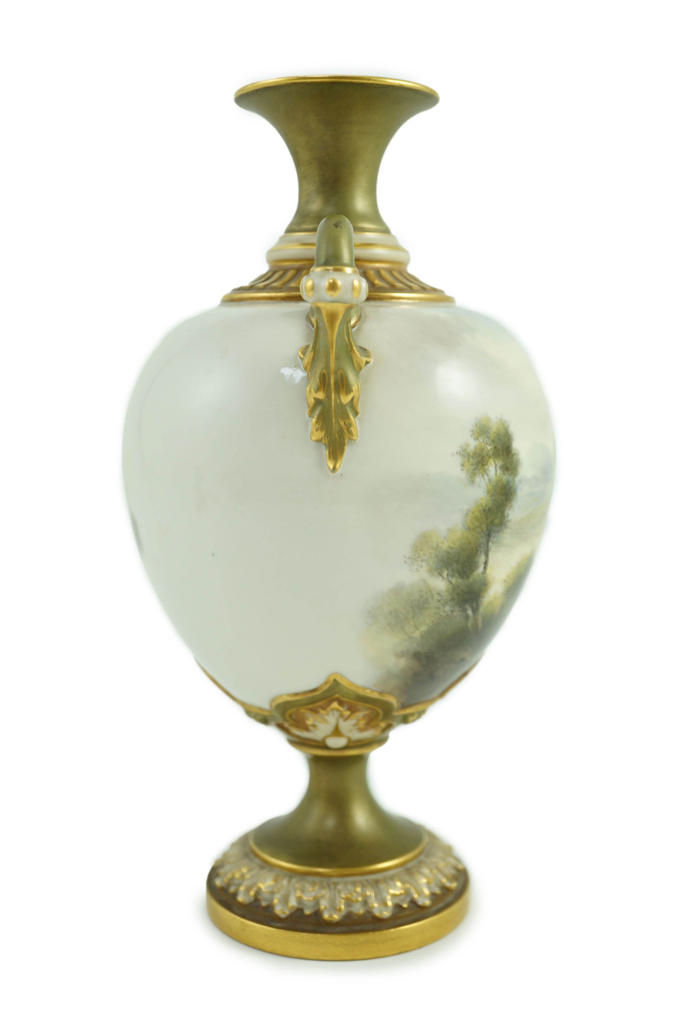 A Royal Worcester two handled vase painted with Caerphilly Castle by C. Johnson, c.1912, 21.5cm tall